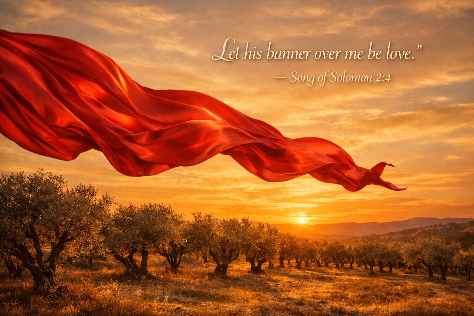 Song of Solomon 2:4 Bible verse wallpaper flowing red banner sunset sky ancient grove crimson gold banner over me love